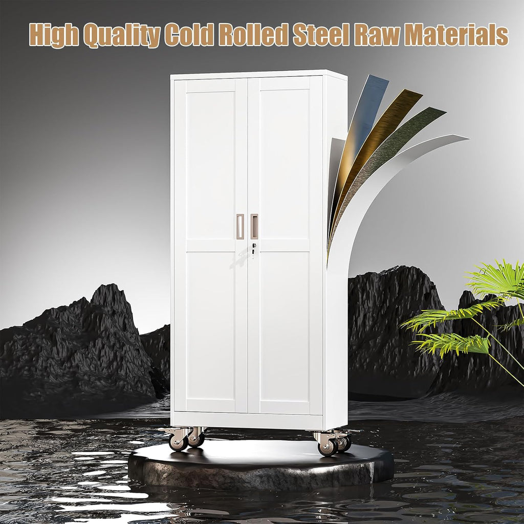 75" H Metal Pantry Storage Locker Cabinet with Wheels,Rolling Kitchen Pantry Cabinet with 2 Doors and 5 Adjustable Shelves, Lockable Steel Garage Tool Cabinet Organization for Home,Gym,School,White