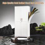 75" H Metal Pantry Storage Locker Cabinet with Wheels,Rolling Kitchen Pantry Cabinet with 2 Doors and 5 Adjustable Shelves, Lockable Steel Garage Tool Cabinet Organization for Home,Gym,School,White