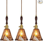 Brown Glass Vintage Pendant Light 6.18" Handmade Glass Pendant Lights Kitchen Island Gold Hanging Light Fixture for Bedroom Dining Room Hotel (3 Pack)