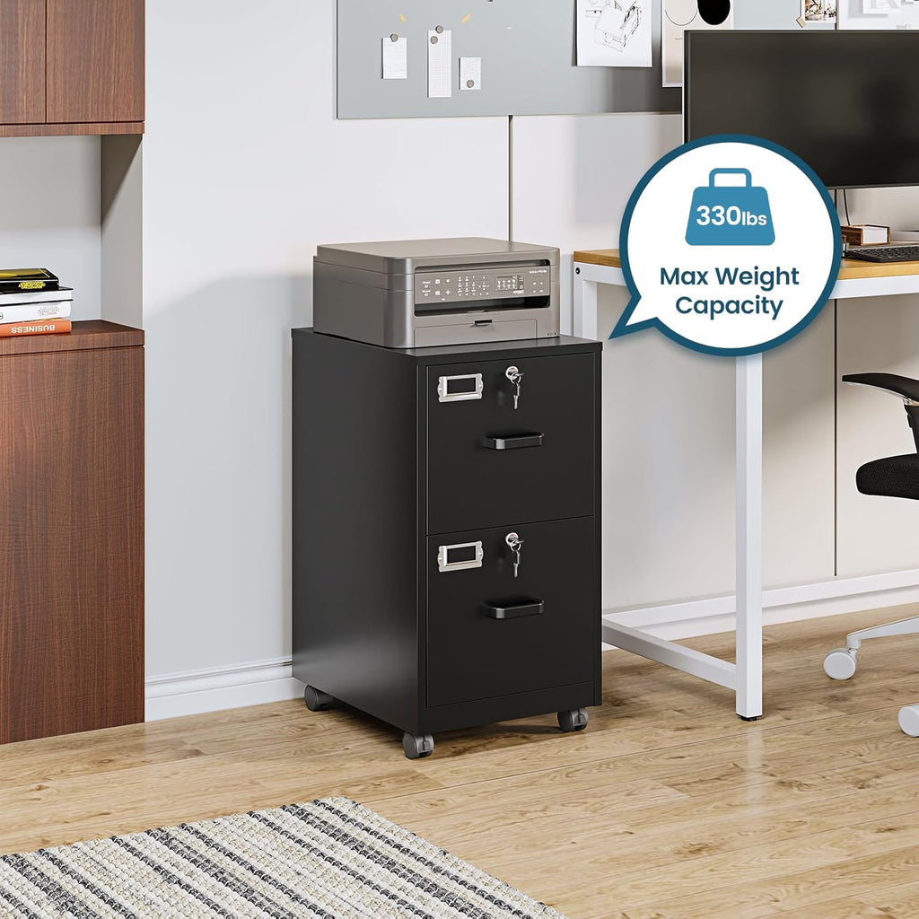 MIIIKO 2 Drawer File Cabinet with Lock, Vertical Metal Filing Cabinets for Home Office, Lockable Storage File Cabinets Under Desk, A4/Letter File Folders(Black)-Assembly Required
