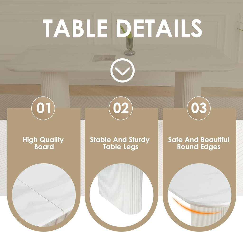 Oval Dining Table for 4-8 People, 70" Long Large Kitchen Table with Thick Sturdy Ripple Legs, Modern Spacious Rectangle Accent Dining Room Table for Dining Room/Kitchen/Apartment (Faux Marble&White)