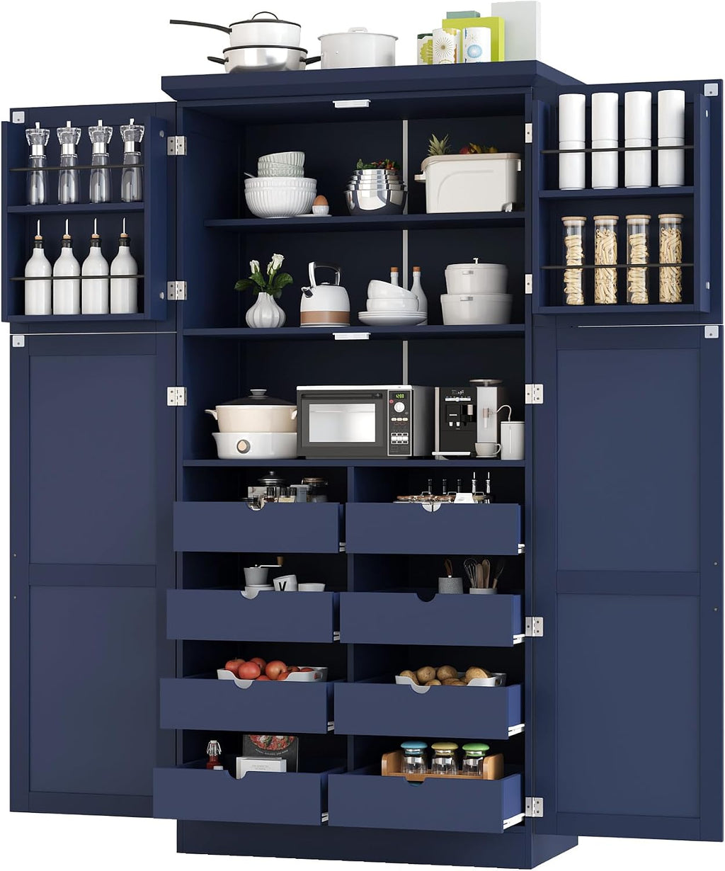 Freestanding Cabinet with 4 Doors, 2 Door Shelves, Tall Storage Cabinet with 8 Pull-Out Trays and Adjustable Shelf for Dining Room Kitchen Pantry (Blue)