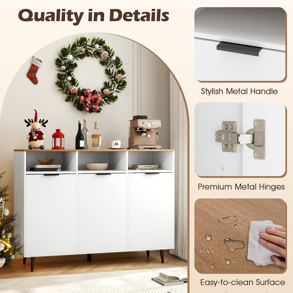 LOKO 47" W Buffet Sideboard, Kitchen Storage Cabinet with 3 Open Compartments, 3 Doors, 5-Position Adjustable Shelves, Coffee Bar Cabinet, Accent Sideboard for Living Room, White