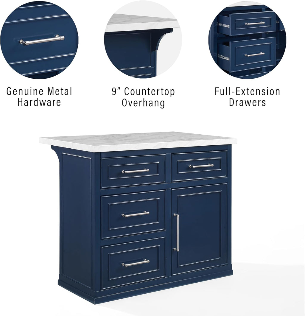 Crosley Furniture Cutler Faux Marble Top Kitchen Island with Storage, Breakfast Bar, Microwave Stand, Navy