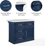 Crosley Furniture Cutler Faux Marble Top Kitchen Island with Storage, Breakfast Bar, Microwave Stand, Navy