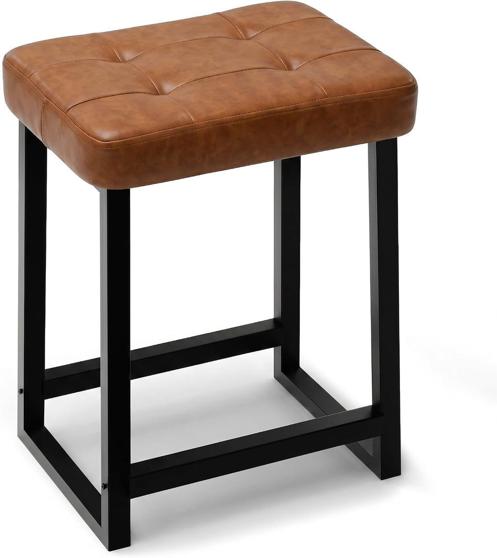 Vanity Bar Stool Chair, Makeup Stool Counter Height Stools,Small Ottoman Footrest for Living Room, Bathroom, Bedroom, Offices，Leather &Metal Legs with Anti-Slip Feet,Rustic Brown