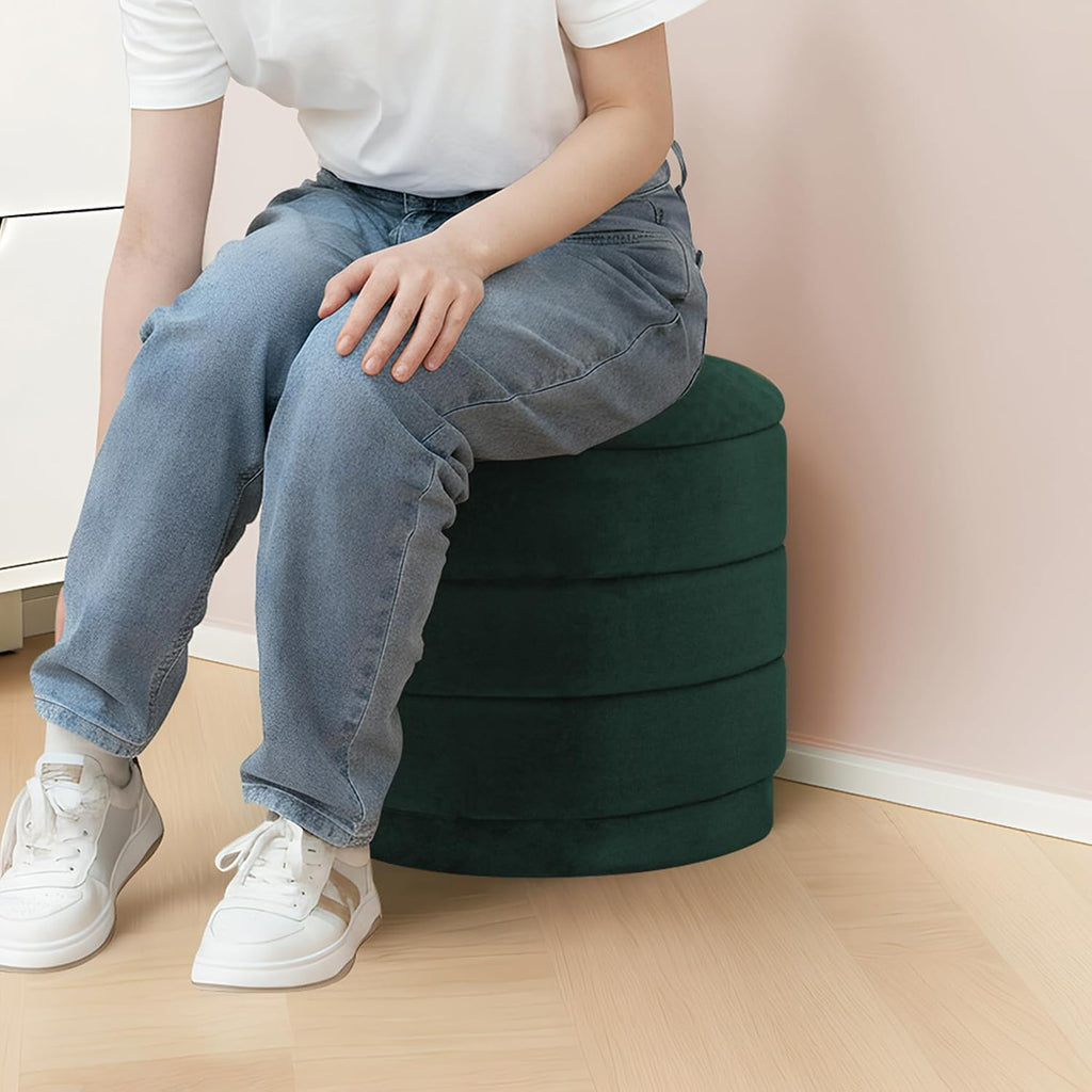 15.4" Round Velvet Storage Ottoman with Reversible Lid, Upholstered Circular Ottoman Footrest with Hidden Storage, Foldable Padded Footstool for Dorm Living Room & Bedroom, Bottle Green