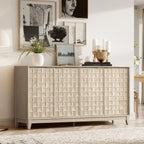 COLAMY 60" Sideboard Buffet Cabinet with Storage, Modern 4-Door Buffet Table with 3D Checkerboard Doors & Solid Wood Legs, Large Coffee Bar Cabinet for Dining Room, Living Room, Entryway,Oak Mist