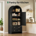 71" Arched Cabinet Kitchen Pantry Cabinet with Rattan Doors, Storage Cabinet with Drawers & Height Adjustable Shelves, Hutch Cabinets with Storage, Tall Arch Bookcase for Dining Room Kitchen, Black