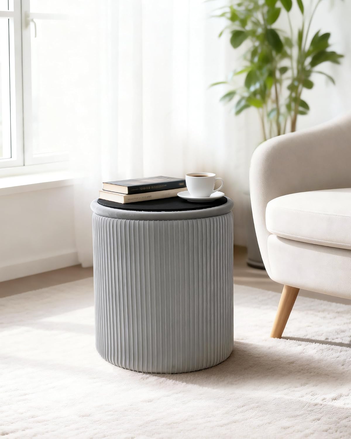 LITZFUR Round Ottoman with Storage, Velvet Foot Rest Stool, Grey | Versatile Upholstered Vanity Stool, Padded Folding Storage Ottoman for Living Room, Bedroom and Dorm