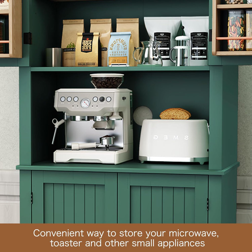 HLR 72" Kitchen Pantry Storage Cabinet with Open Countertop, Freestanding Larder Cupboard with Microwave Stand, Utility Laundry Room Storage Cabinet with Doors and Shelves for Dining Room, Living Room