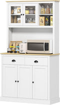 Modern Freestanding Pantry Cabinet 71in H x 39.25in W: White Finish, Warm Oak Countertop, 4-Tier Adjustable Shelves, 35.5in Surface w/Cable Hole, 176lb Capacity