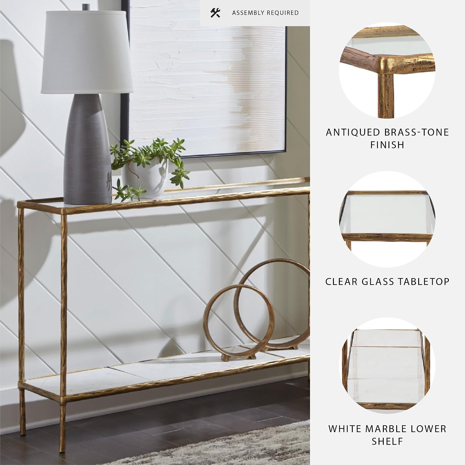 Signature Design by Ashley 52" Glass & Marble Narrow Console Sofa Table | Mid-century modern entryway accent, Glass & genuine marble shelves, Antiqued brass frame, Ryandale Series