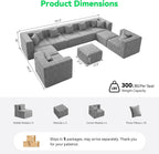 MONVANE Oversized Sectional Couch 10-Seat, Chenille, Light Gray | Sectional Couch for Living Room, Modular Cloud Sofa with Ottoman & 10 Throw Pillows, No Assembly Required