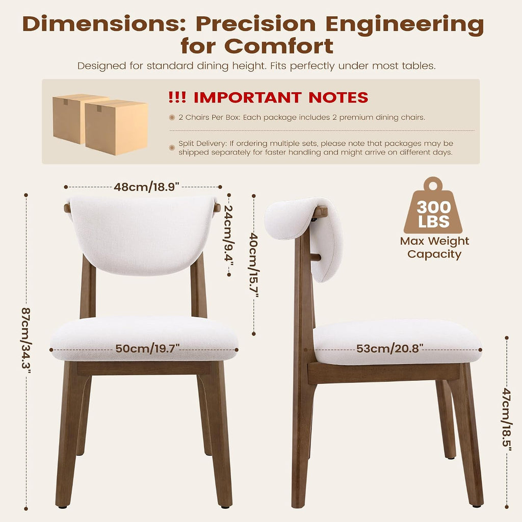 Dining Chairs Set of 6, Solid Rubberwood Kitchen Chairs with Lumbar Support High Back, Breathable Cotton Fabric Seat Cushion, Mid-Century Modern Accent Furniture for Dining Room Living Room Home,Beige