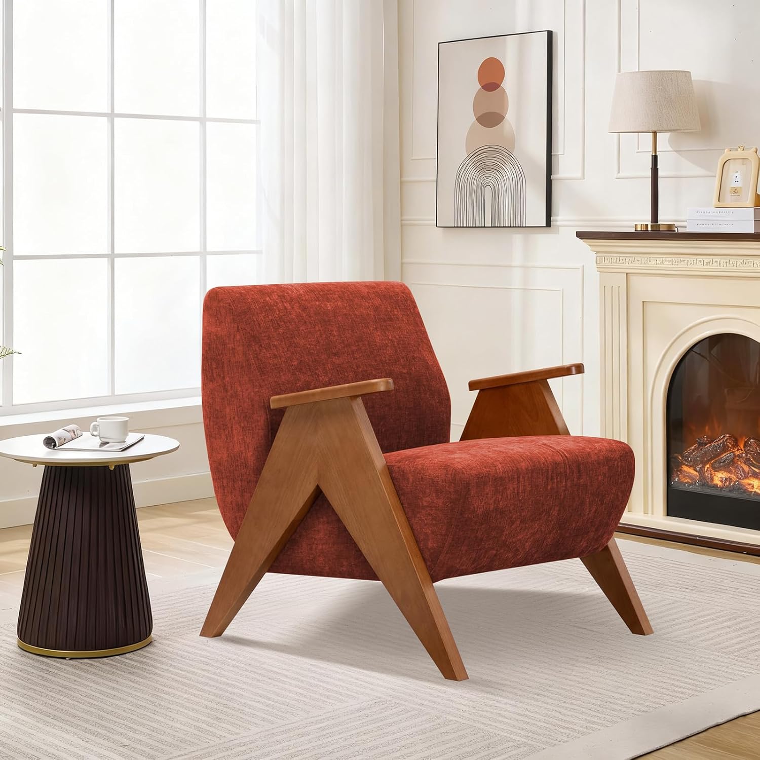 Home Accent Chair Mid Century Modern Accent Chair with Wood Frame, Lounge Upholstered Armchair, Reading Chair, Sturdy Base,For Living Room, Bedroom,Office,Comfy Guest Waiting Room Chairs,Orange