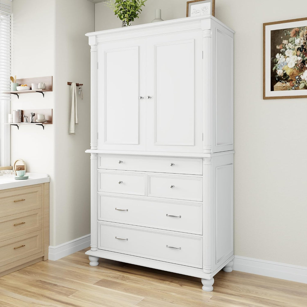 Freestanding Large Kitchen Pantry,Tall Storage Cabinet Cupboard with 6 Door Shelves, 2 Adjustable Shelves and 5 Drawers,for Dining Room (White-W)