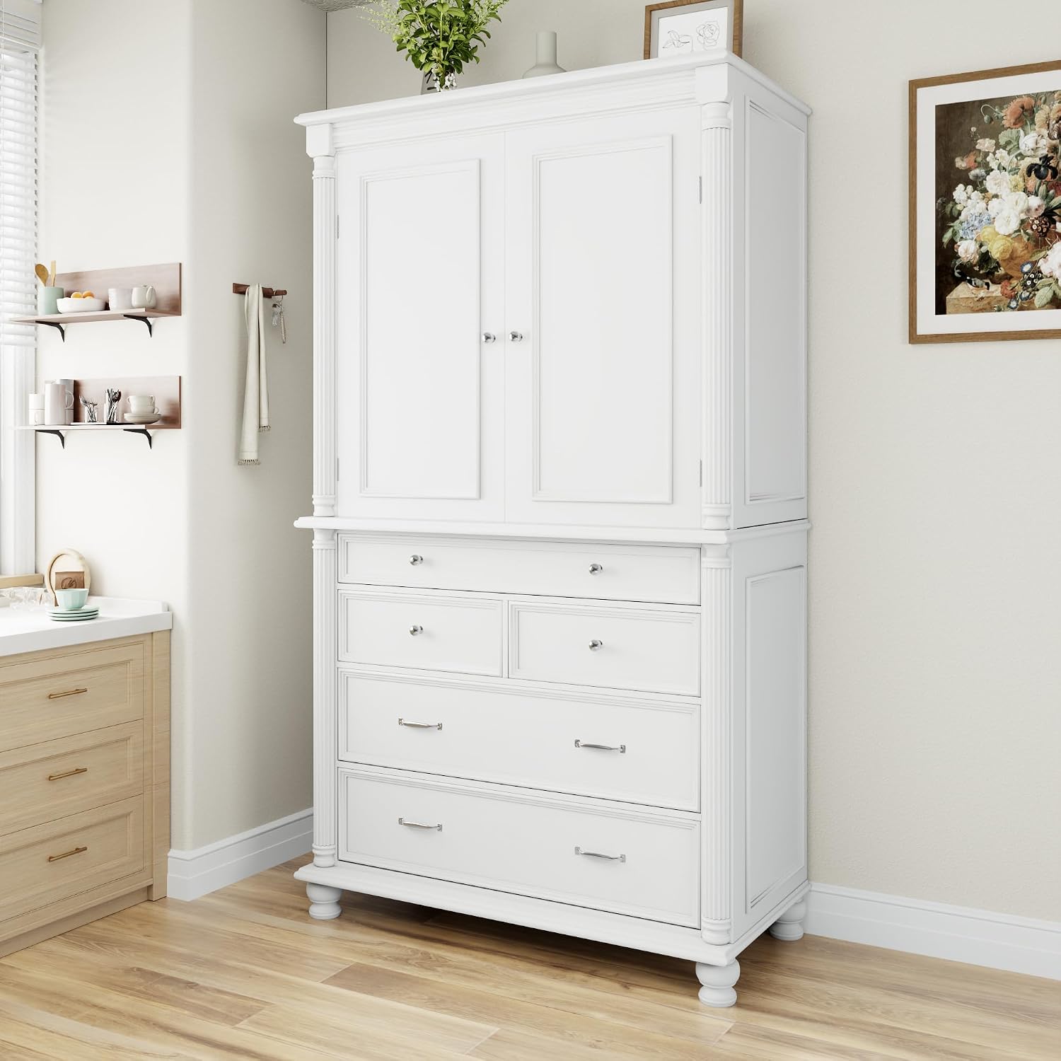 Freestanding Large Kitchen Pantry,Tall Storage Cabinet Cupboard with 6 Door Shelves, 2 Adjustable Shelves and 5 Drawers,for Dining Room (White-W)