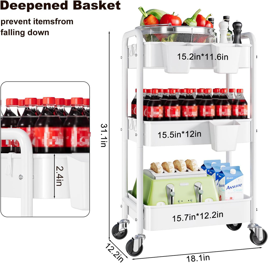 3 Tier Rolling Cart Metal with Wheels, White Three Tiered Storage Cart on Wheels, Utility Trolley Carts Organizer for Kitchen Storage, Pantry, Snack, Craft, Art, Lash, Makeup, Bathroom, Dorm Supply
