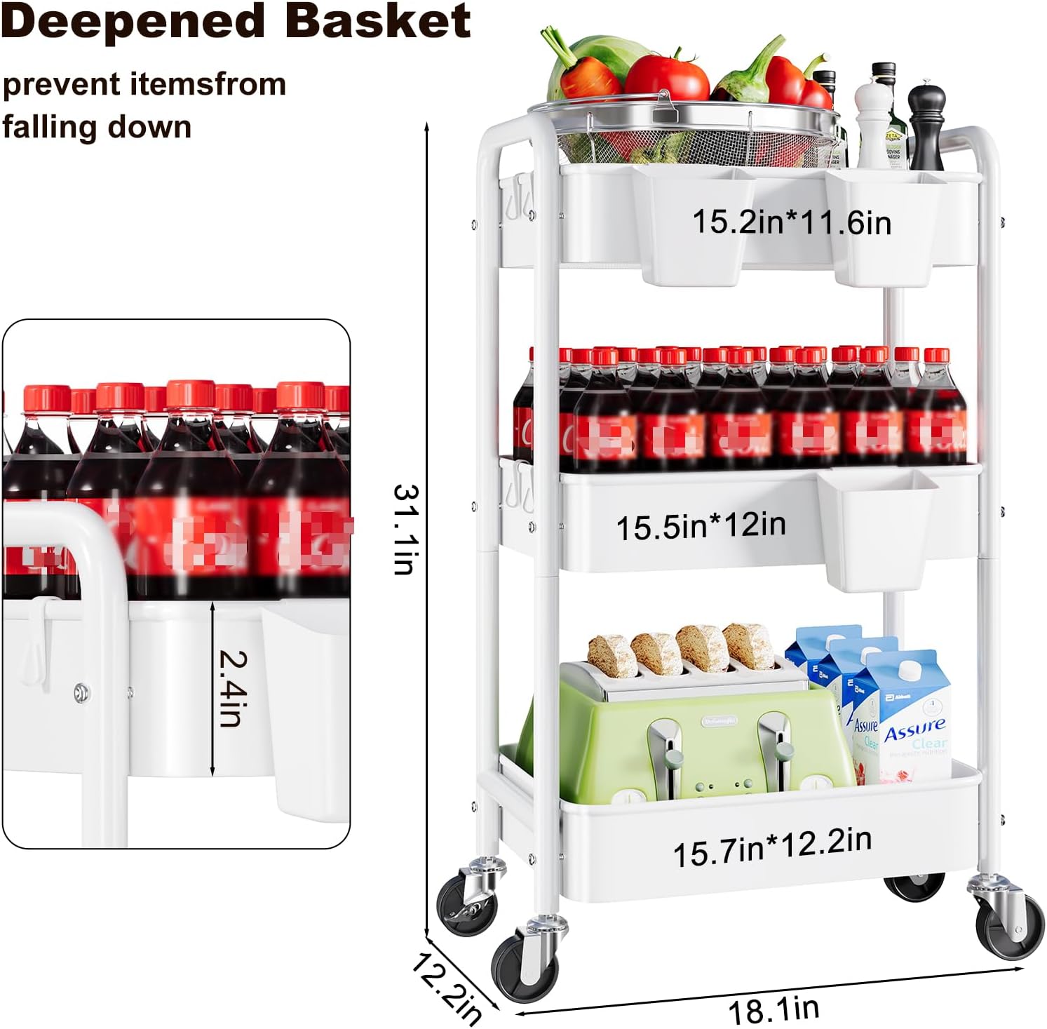 3 Tier Rolling Cart Metal with Wheels, White Three Tiered Storage Cart on Wheels, Utility Trolley Carts Organizer for Kitchen Storage, Pantry, Snack, Craft, Art, Lash, Makeup, Bathroom, Dorm Supply