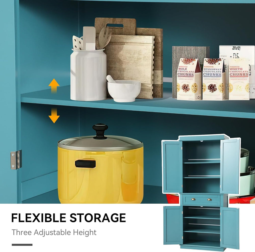 LOUVIXA 72" Kitchen Pantry Storage Cabinet, Freestanding Cupboard with 2 Cabinets, Drawer and Adjustable Shelves, Tall Storage Cabinet for Kitchen, Dinning Room, Living Room (Lake Blue)
