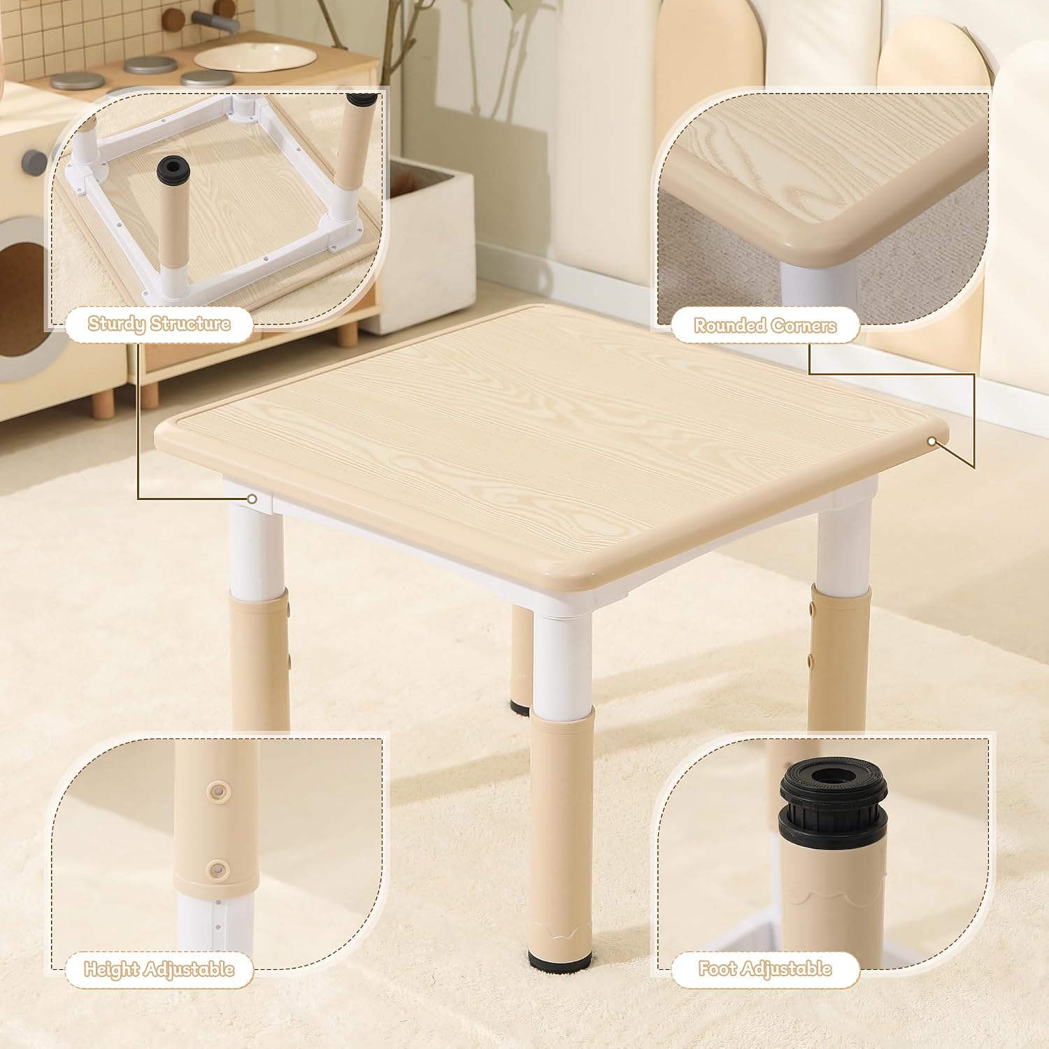 Kids Table and Chairs Set, 23.6''L x 23.6''W Toddler Table and Chairs, Height Adjustable Kids Study Table for Ages 2-10, Graffiti Desktop Children Activity Table with Anti-Slip Foot Covers
