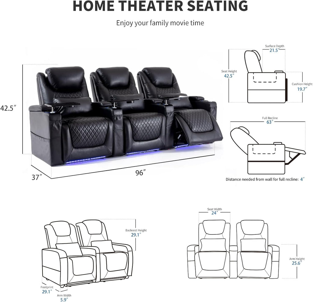 Airadlis Home Theater Seating Seats, Theater Recliner Chair Sofa Game Movie Theater Chairs with 7 Colors Ambient Lighting, Lumbar Pillow, Side Pocket, Tray Table, Power Recline, Black