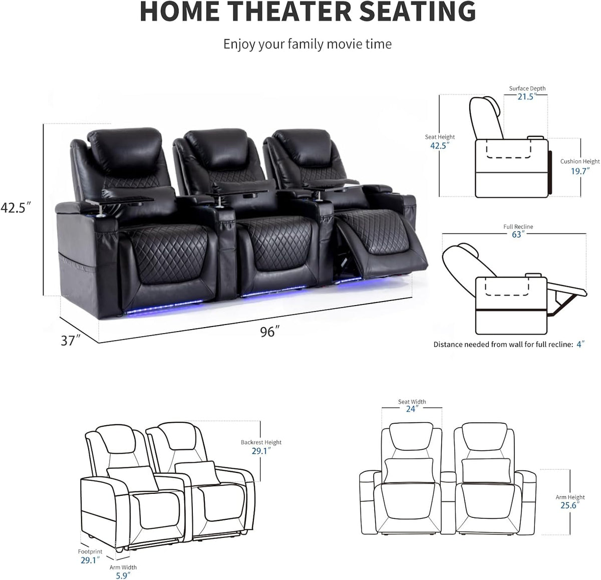 Airadlis Home Theater Seating Seats, Theater Recliner Chair Sofa Game Movie Theater Chairs with 7 Colors Ambient Lighting, Lumbar Pillow, Side Pocket, Tray Table, Power Recline, Black