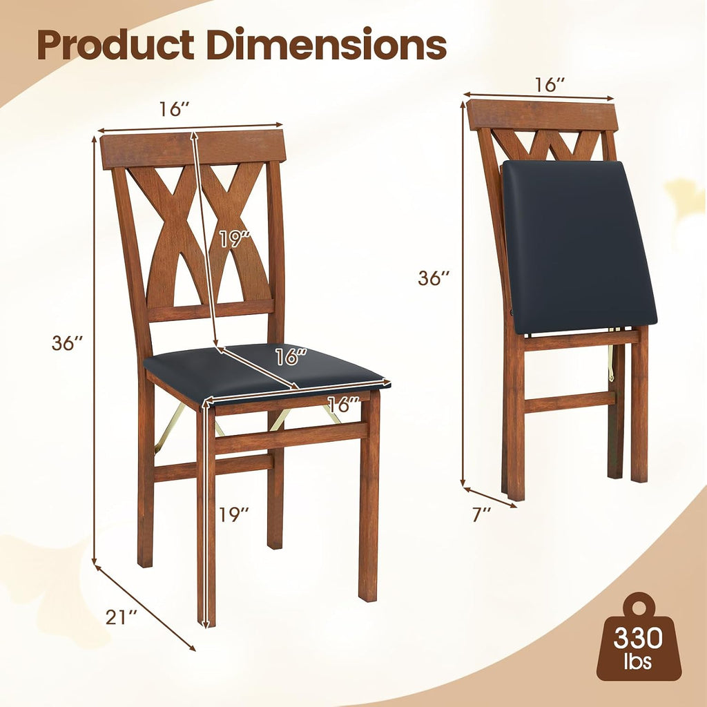 GIANTEX Folding Dining Chairs Set of 2, Farmhouse Upholstered Kitchen Chair | Wooden Dining Room Chairs w/Rubber Wood Frame, PVC Leather Seat, Hollowed Curved Backrest, Foldable Chair for Home Restaurant