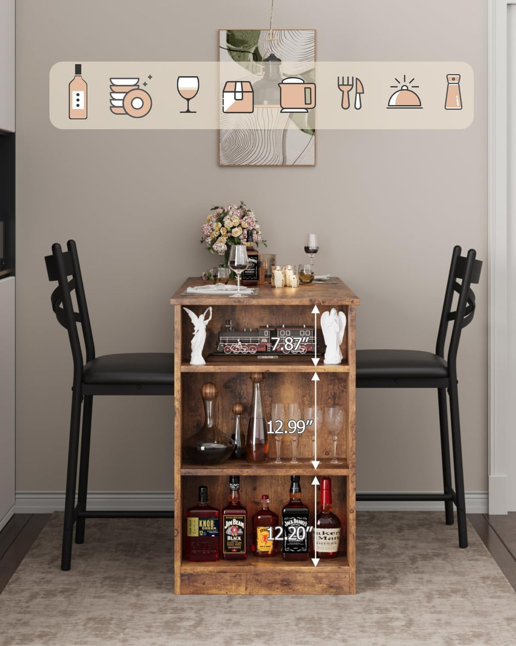 GAOMON 3 Piece Bar Table Set for 2, Bar Table and Chairs Set with with Flip Top Extension, Dining Table Set with Storage Shelves, Suitable for Small Space Kitchen Apartment, Brown