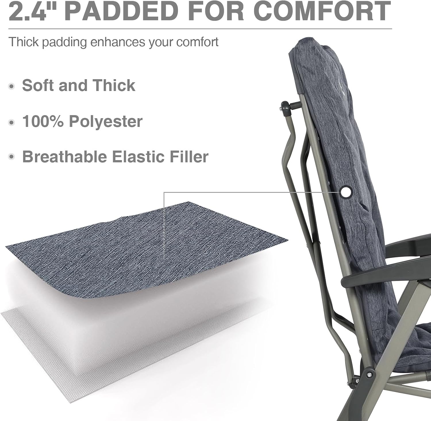 EVER ADVANCED Luxury Camping Chairs 2 Set for Adults Heavy Duty High Back Oversized Folding Garden Chair Comfy Padded Loadable 330LBS Adjustable Dining Chairs 4-Position Recliner Chair Grey