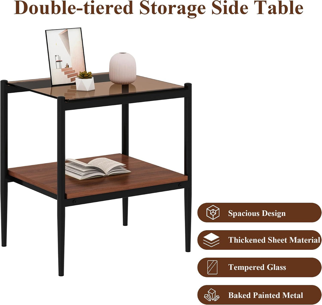 Glass End Table Set of 2, Rectangle Living Room Sofa Side Table, with BrownTempered Glass Tabletop,Black Iron Leg and Brown MDF Layer,for Living Room, Bedroom and Office, Brown