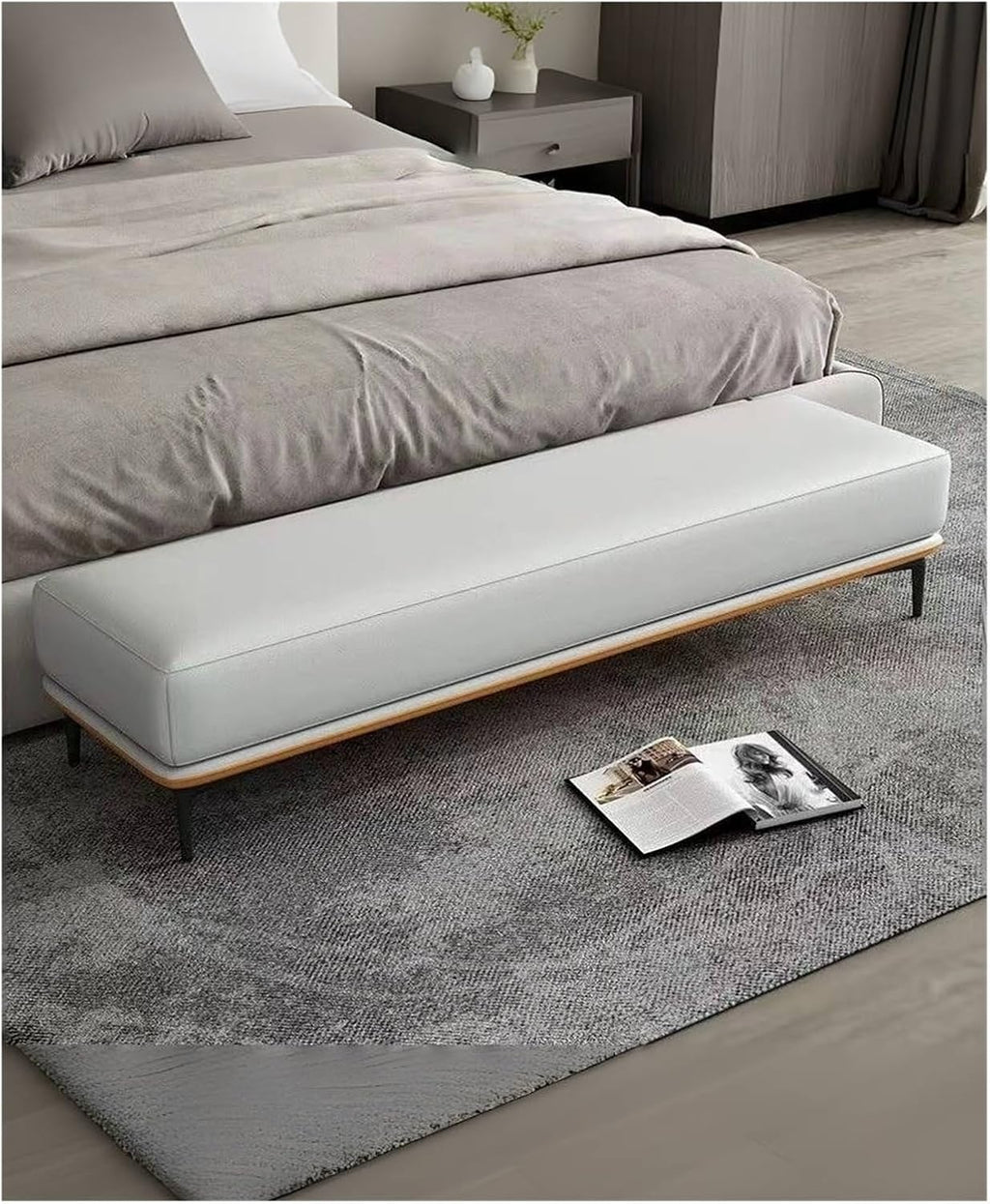 Modern Bedroom Bench, PU Leather Entrance, Upholstered Bed Stool with Metal Legs, for Living Room, Foyer, Dining, Bedrooms Entryway(150 * 50 * 40cm)