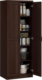 HOMCOM 63" 2-Door Kitchen Pantry 5-Tier Cinnamon Cherry Wood Grain | Freestanding Storage Cabinet, Shelving, 2 Adjustable Shelves, for Dining Room