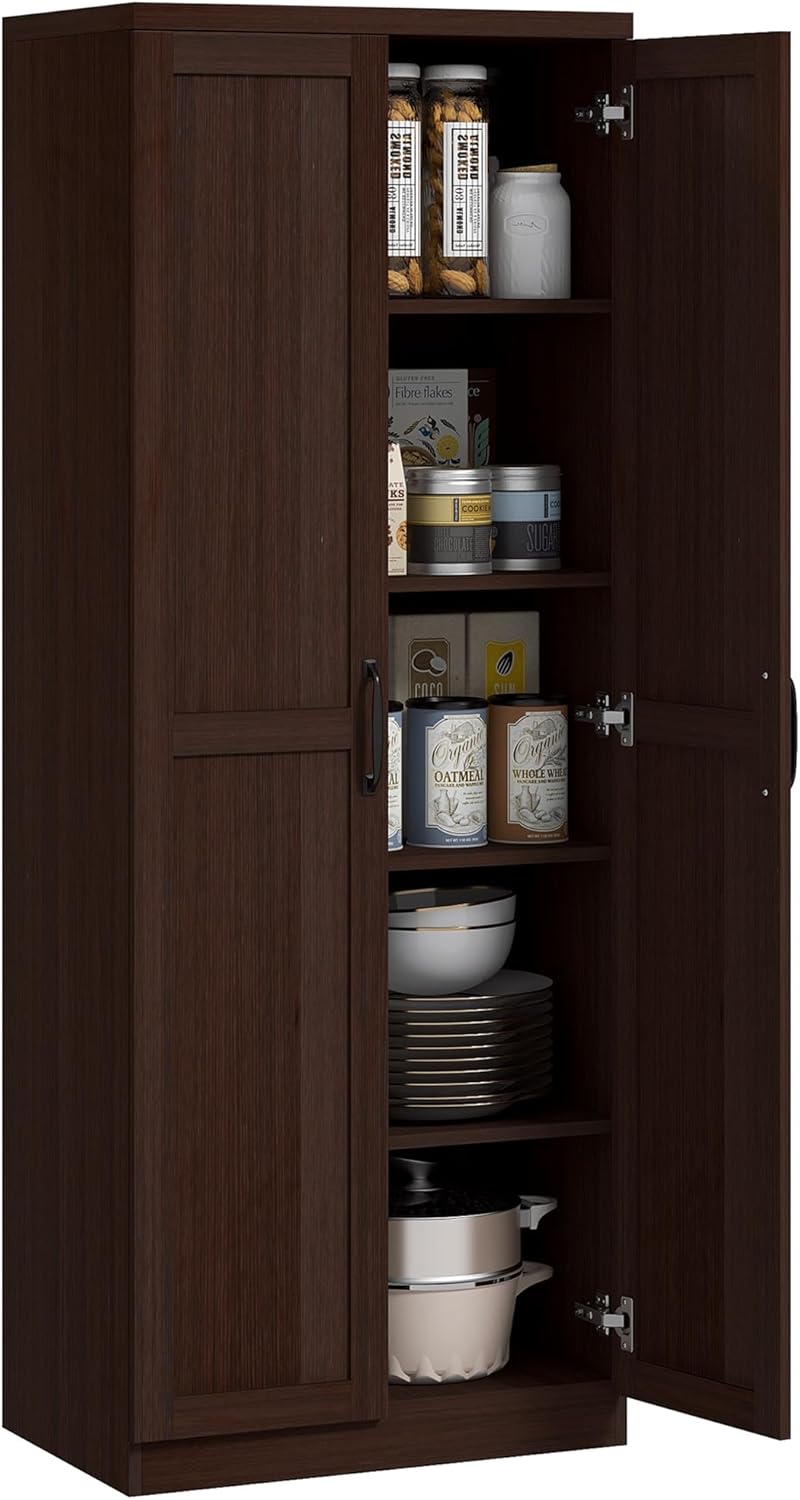 HOMCOM 63" 2-Door Kitchen Pantry 5-Tier Cinnamon Cherry Wood Grain | Freestanding Storage Cabinet, Shelving, 2 Adjustable Shelves, for Dining Room