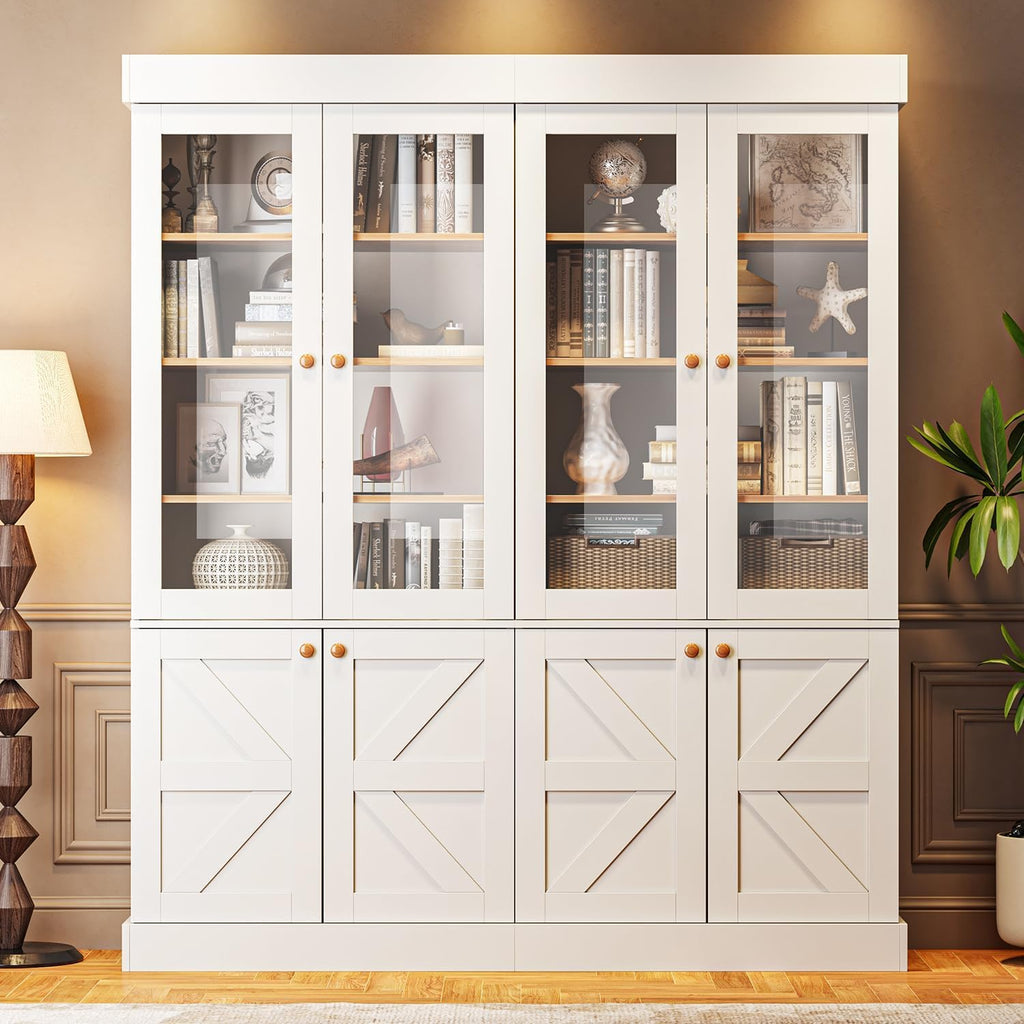 ivaniti 71" Tall Farmhouse Kitchen Pantry, Rustic Large Storage Cabinet with Glass Doors, Adjustable Shelves, Wood Versatile Hutch Cabinet for Dining Room, Living Room, White 2 Pcs