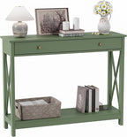 Treocho 40" Farmhouse Console Table with Drawer and Storage Shelves | Entryway, Living Room, Hallway, Antique, Green