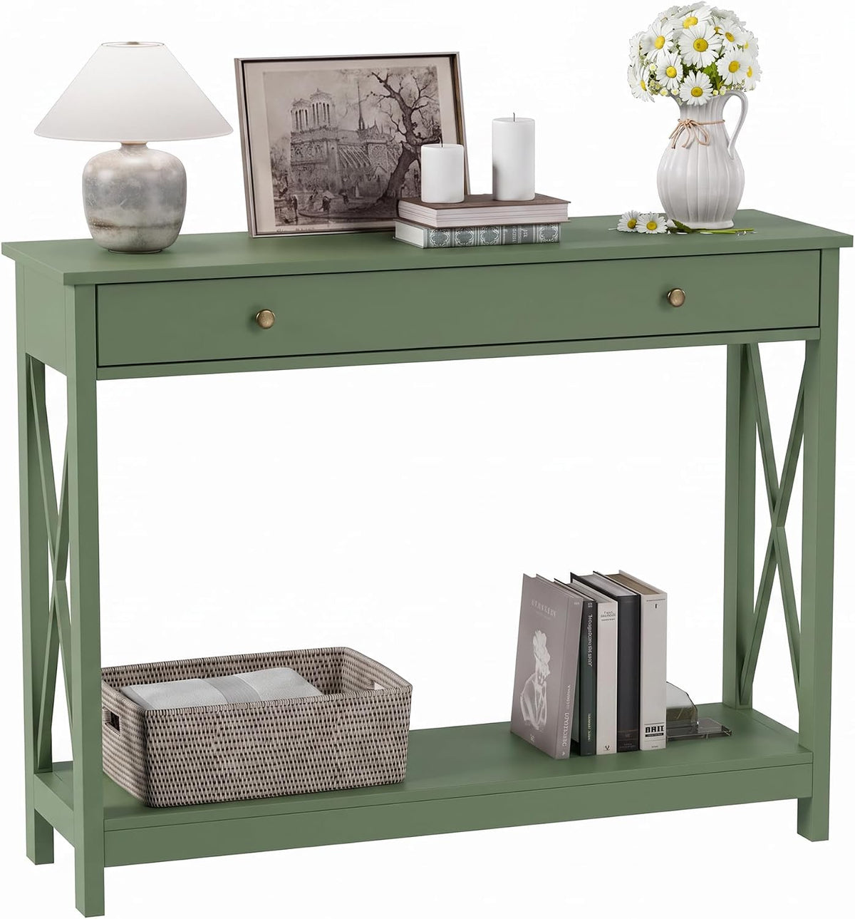 Treocho 40" Farmhouse Console Table with Drawer and Storage Shelves | Entryway, Living Room, Hallway, Antique, Green