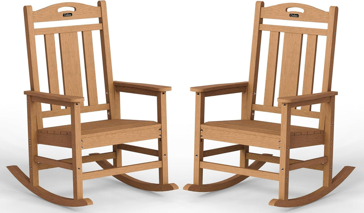 Ciokea Oversized Outdoor Rocking Chairs Set of 2, 380lbs Heavy-Duty Large Patio Rocker, High Back Cozy Porch Chairs, Weather Resistant Patio Rocking Chairs for Outside, Fire Pit, Deck, Teak