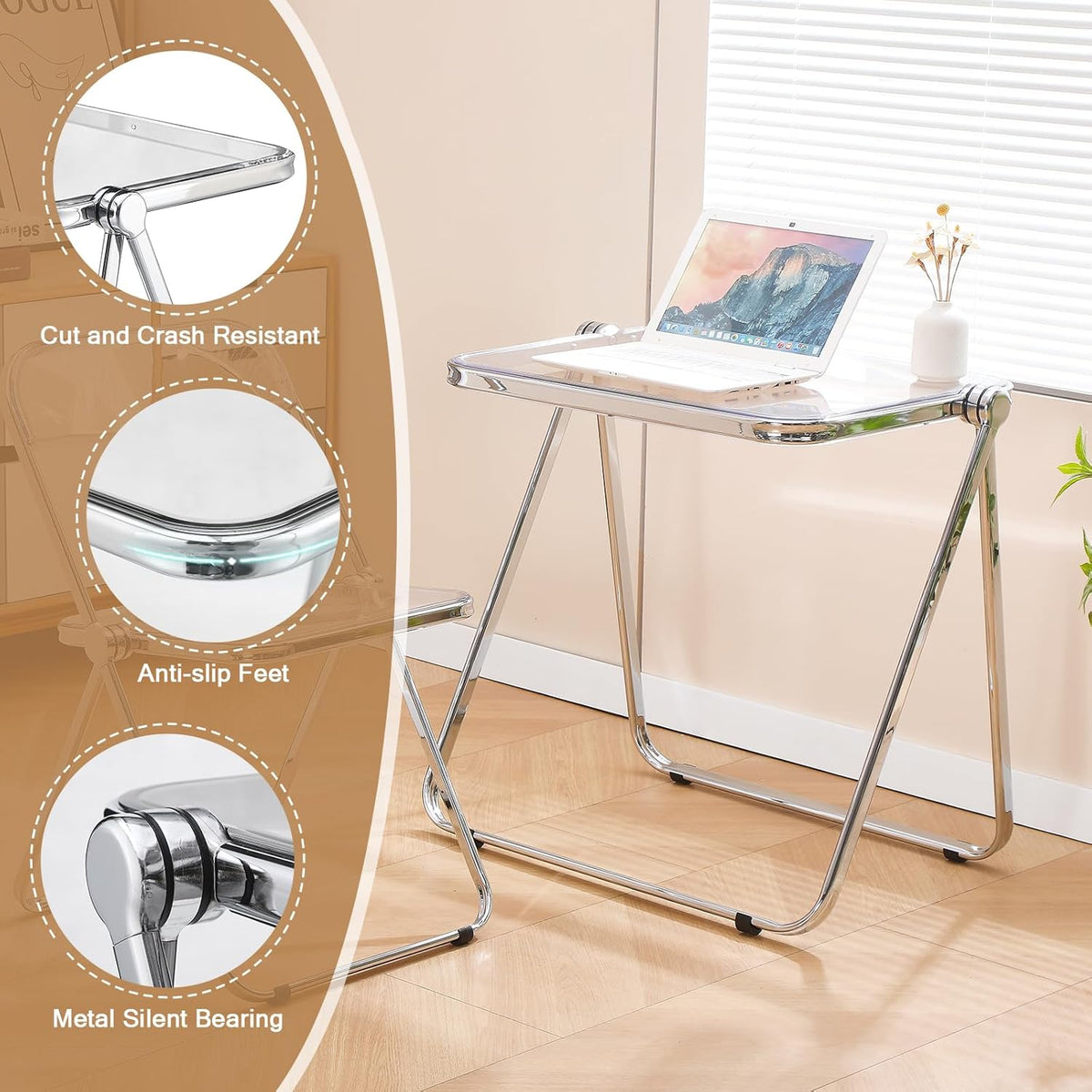 Folding TV Tray Table, Acrylic Foldable Side Desk - No Assembly, Space Saving Tiny Portable Laptop Desk for Small Spaces, Couch, Bedroom, Dorm (Clear)