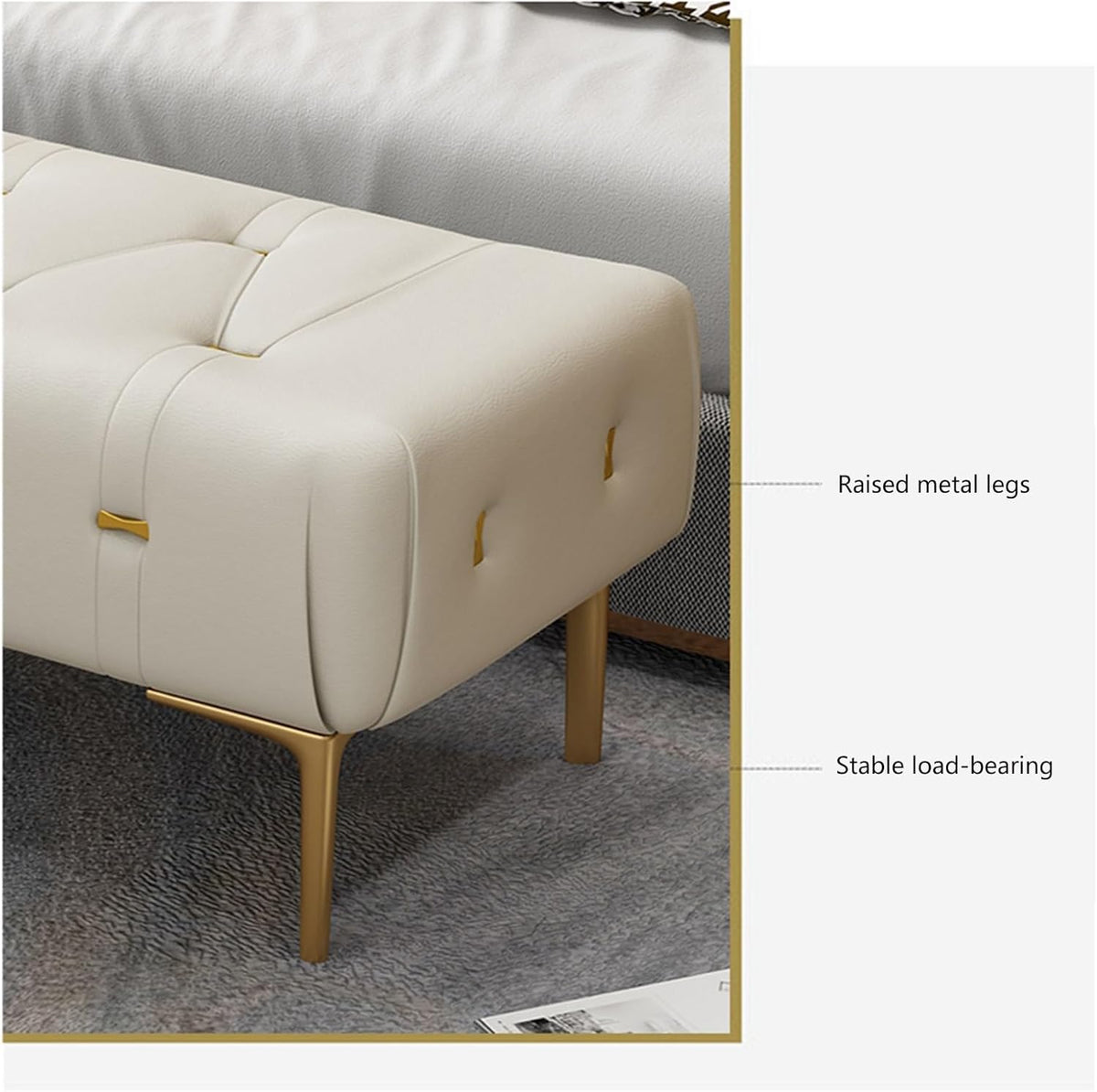 Modern Upholstered Tufted Bench with Padded Seat, Footrest Foot Stool with Sturdy Metal Leg, Leather for Bedroom Living Room Entryway Entryway(Light Grey,100 * 40 * 43cm)