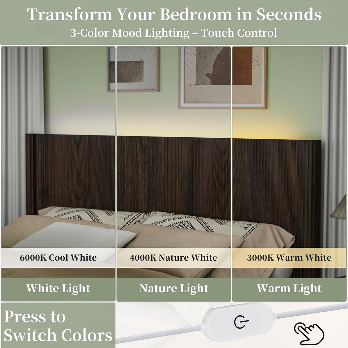 Queen Size Headboard Only, Modern Fluted Wall-Mounted Head Board with Lighting, Boho Wood Bed headboard Stylish Bedroom Decor, Espresso