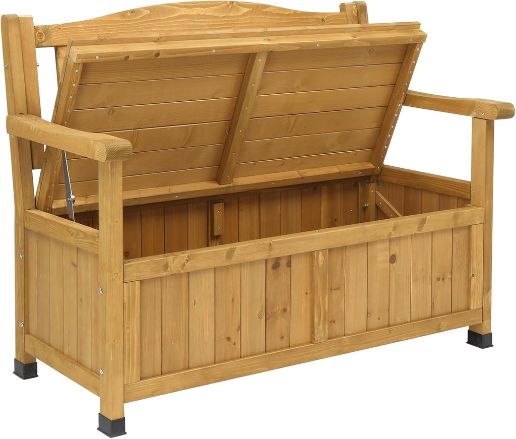 Outdoor Wood Storage Bench Deck Box, Entryway Porch Storage Bench, Wood Loveseat for Garden, Lawn, Balcony & Yard