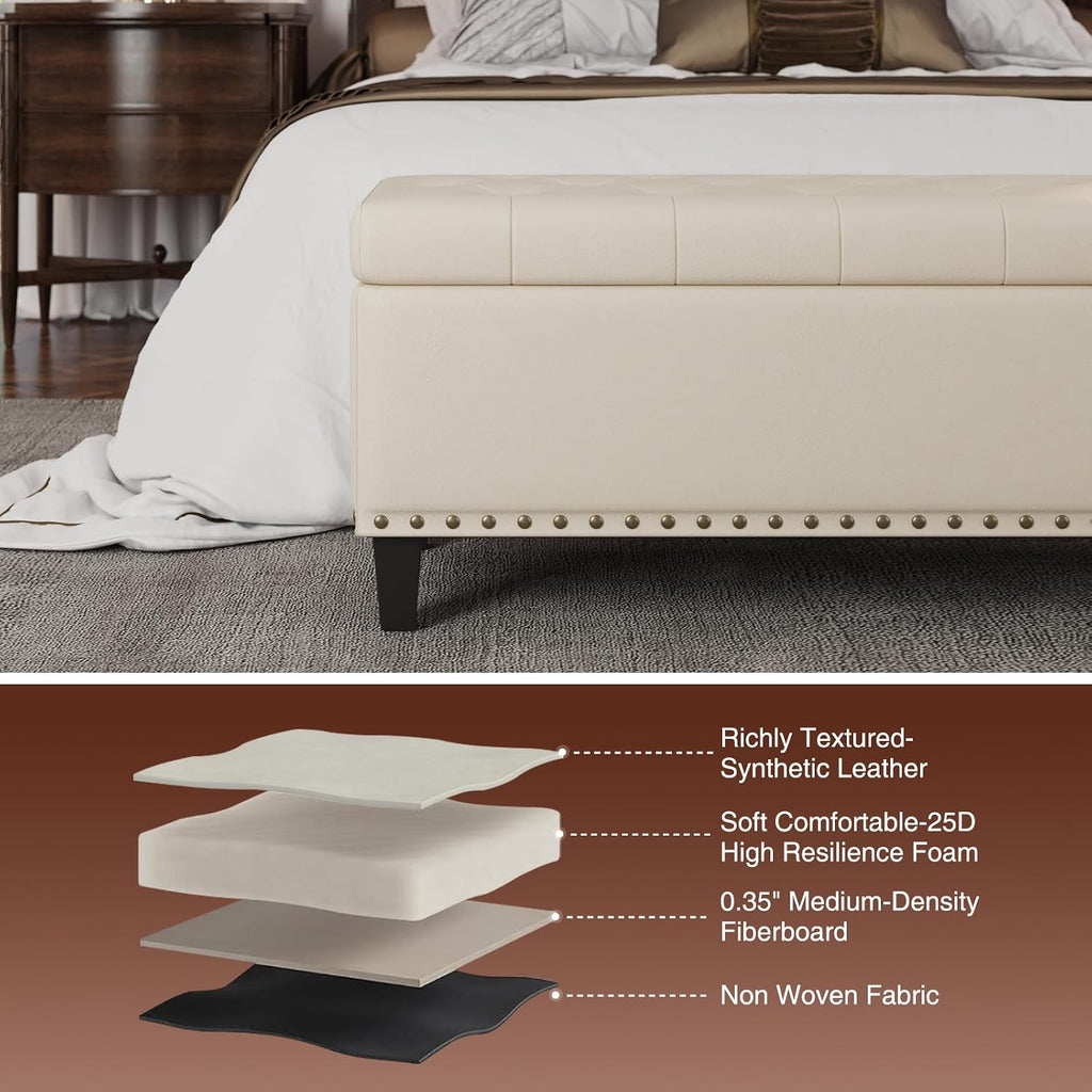 FiveWillowise 51 Inch Storage Ottoman Bench,Large End of Bed Storage Bench | Faux Leather Ottoman with Storage,30 Gallons,Upholstered,with Nailhead Trim,Legs,for Bedroom,Living Room,Entryway,Cream White