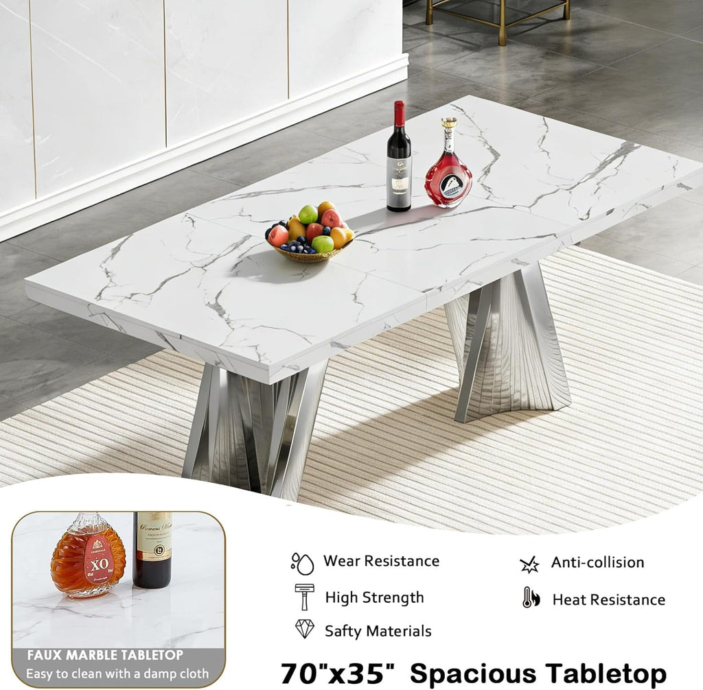 70" Faux Marble White Dining Table for 6, Modern Dining Room Table with 0.71" Marble Printing MDF Top and Flash-Shaped Silver Stainless Steel Base,Rectangular Large Kitchen Dinner Table