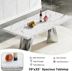 70" Faux Marble White Dining Table for 6, Modern Dining Room Table with 0.71" Marble Printing MDF Top and Flash-Shaped Silver Stainless Steel Base,Rectangular Large Kitchen Dinner Table