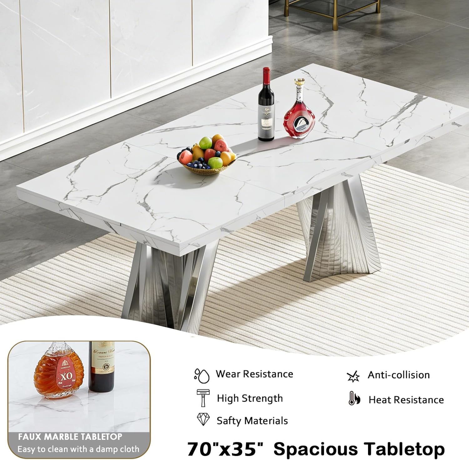 70" Faux Marble White Dining Table for 6, Modern Dining Room Table with 0.71" Marble Printing MDF Top and Flash-Shaped Silver Stainless Steel Base,Rectangular Large Kitchen Dinner Table