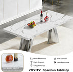 70" Faux Marble White Silver Dining Table for 6, Modern Dining Room Table with 0.71" Marble Printing MDF Top and Flash-Shaped Stainless Steel Base,Rectangular Large Kitchen Dinner Table