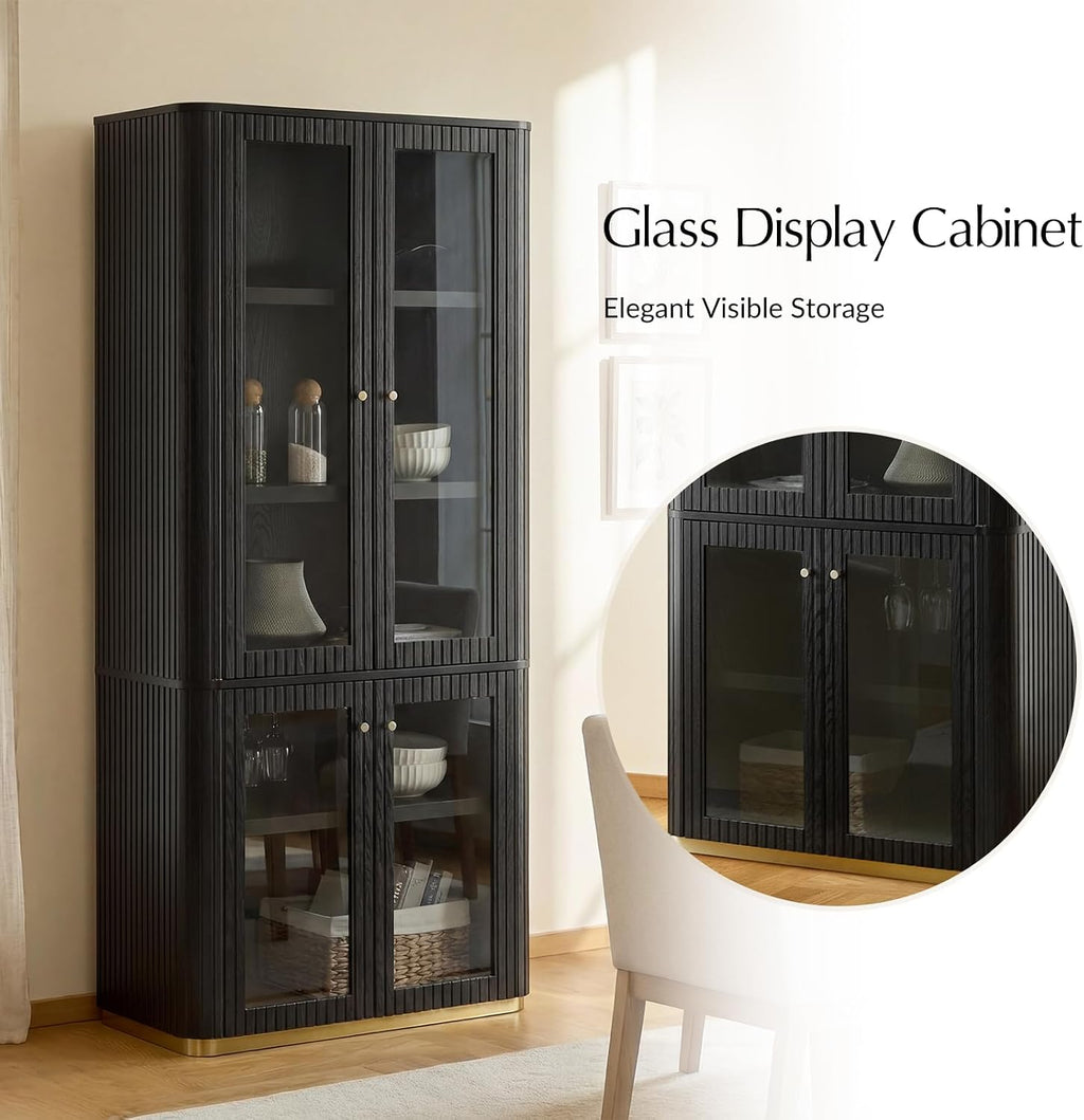 HULALA HOME Modular Display Storage Cabinet, 79.5" Tall Fluted Bookcase with Glass Doors, Modern Pantry Cabinet for Dining Room Home Office Living Room, Black