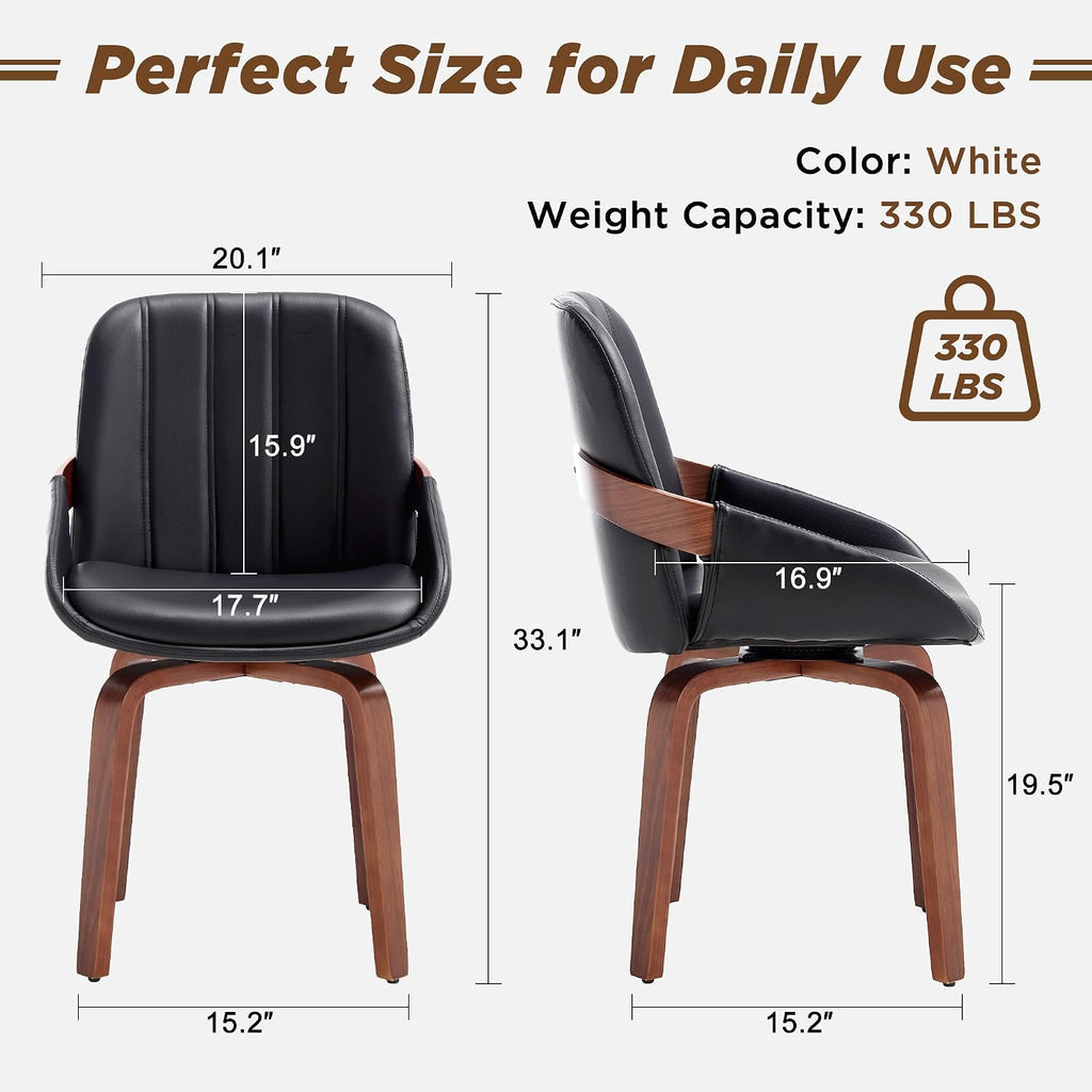 Swivel Dining Chairs Set of 6, Black Leather Dining Room Chairs | Mid Century Modern Upholstered Kitchen Vanity Accent Chair, Walnut Backrest Support with Arm ,Sturdy Wood Leg(Black,Set of 6)